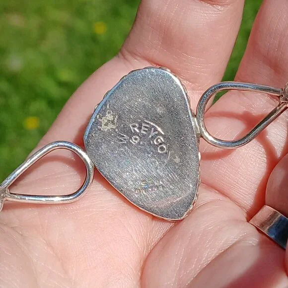 Vintage Sterling Silver & Chrysocolla Stone Hook Clasp Reygo 925 Mexico Bangle - Picture 2 of 13